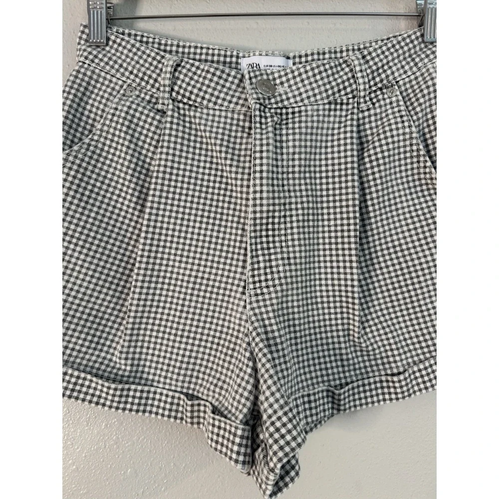 Zara Gingham Pleated High Rise Shorts‎ Cuffed Checkered French Girl Style Size 6